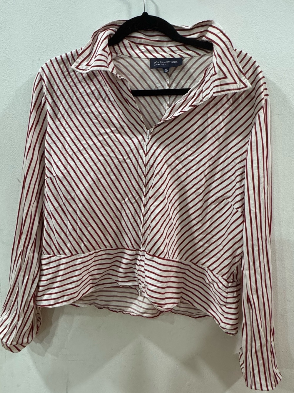Jones New York Signature Red White Striped Zip Front Blouse Top XL